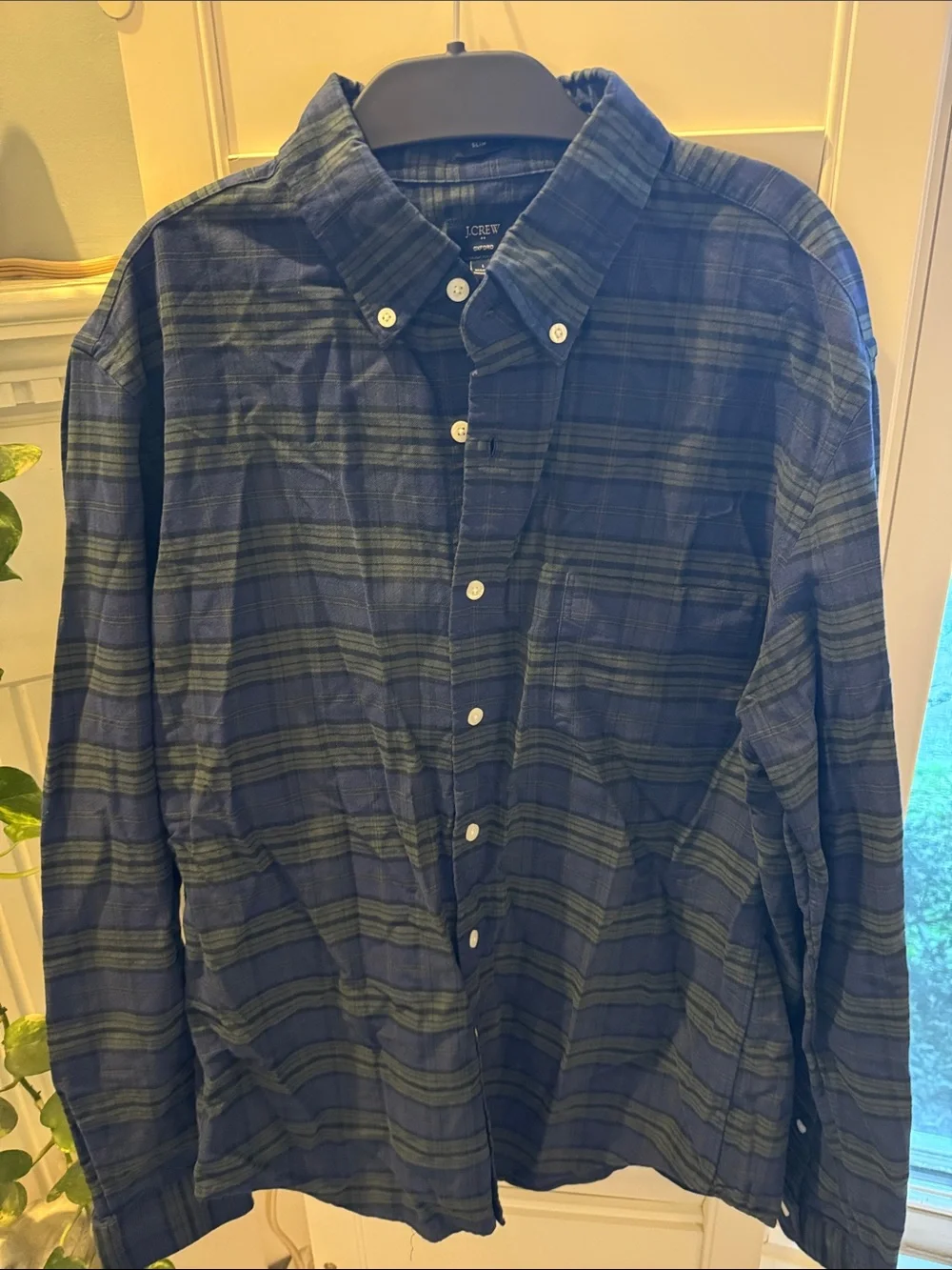 J. Crew Men's Navy and Green Plaid Button-Down Shirt